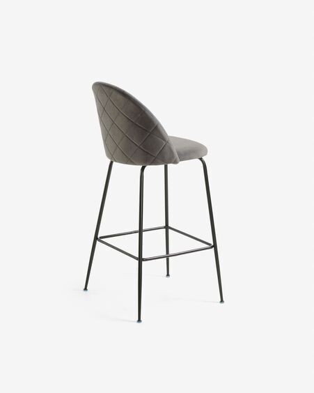 Taburete Ivonne terciopelo gris y acero con acabado negro altura 76 cm