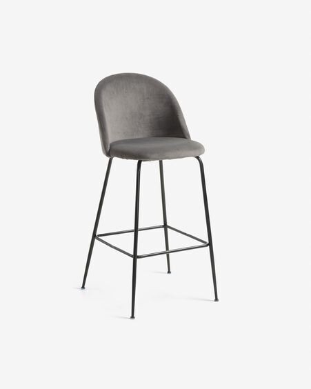 Taburete Ivonne terciopelo gris y acero con acabado negro altura 76 cm