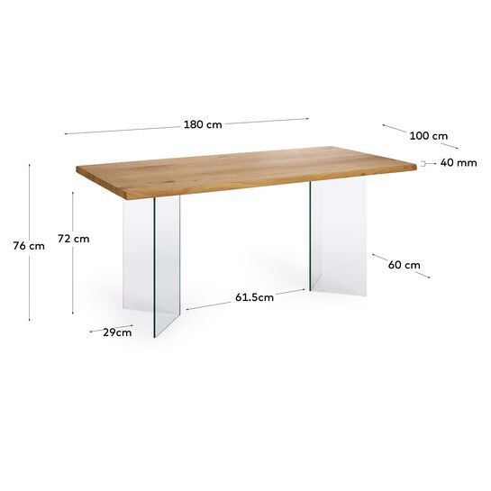 Mesa Lotty de chapa de roble con acabado natural y patas de cristal 180 x 100 cm