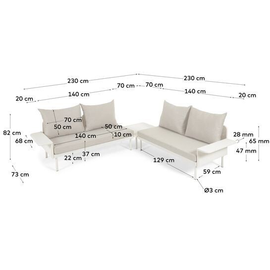Set exterior Zaltana de sofá rinconero y mesa aluminio acabado pintado blanco mate 164 cm