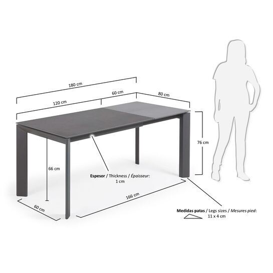 Mesa extensible Axis porcelánico acabado Vulcano Roca patas acero antracita 120 (180) cm