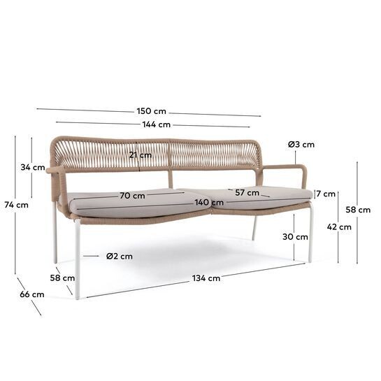 Sofá Cailin 2 plazas cuerda beige patas de acero galvanizado blanco 150 cm