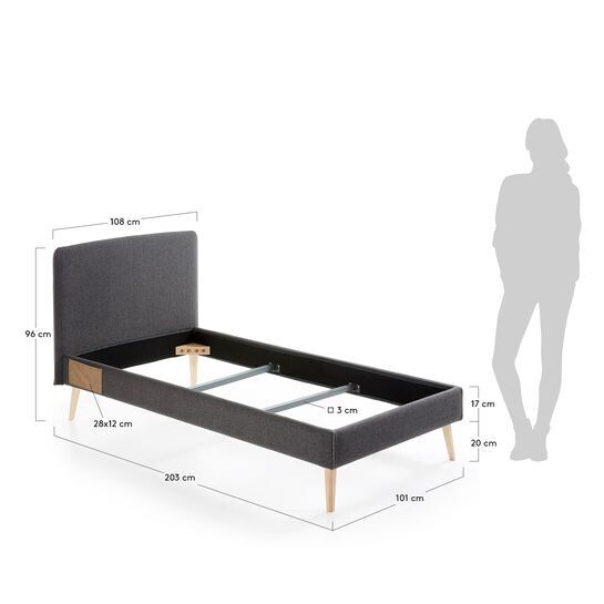 Cama desenfundable Dyla grafito con patas de madera maciza de haya 90 x 190 cm