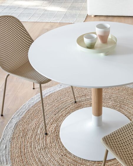 Mesa redonda Trick Ø 90 cm lacado blanco pie madera maciza fresno y acero acabado blanco