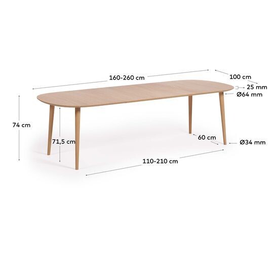 Mesa extensible Oqui en chapa de roble y patas de madera maciza Ø 160 (260) x 100 cm