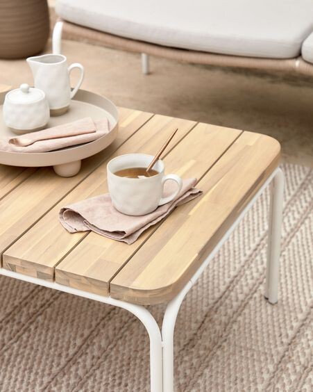 Mesa de centro Cailin madera maciza acacia patas acero galvanizado blanco 100x60cm FSC100%