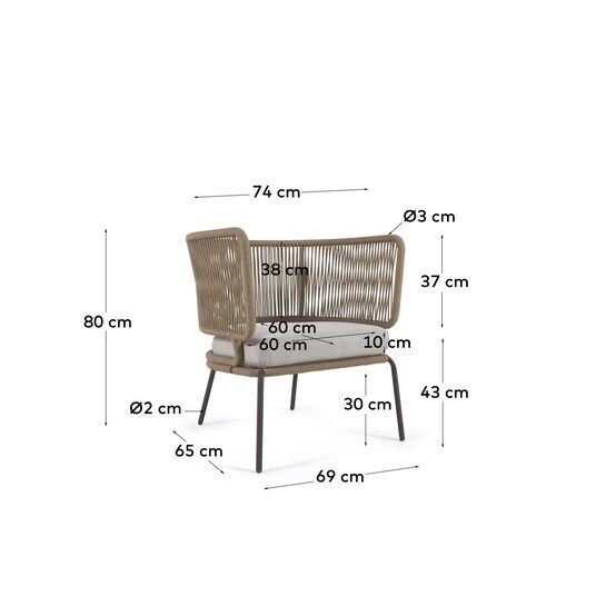 Sillón Nadin de cuerda beige y patas de acero galvanizado