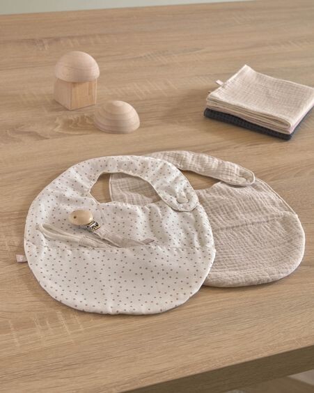 Set Maren de 2 baberos 100% algodón orgánico (GOTS) beige y topos rosa