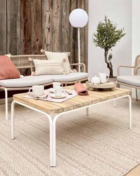 Mesa de centro Cailin madera maciza acacia patas acero galvanizado blanco 100x60cm FSC100%