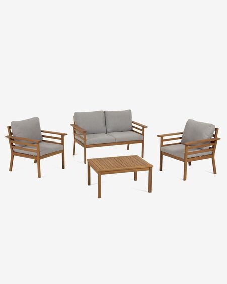 Set de exterior Vilma de sofá, 2 sillones y mesa de centro madera maciza acacia FSC 100%