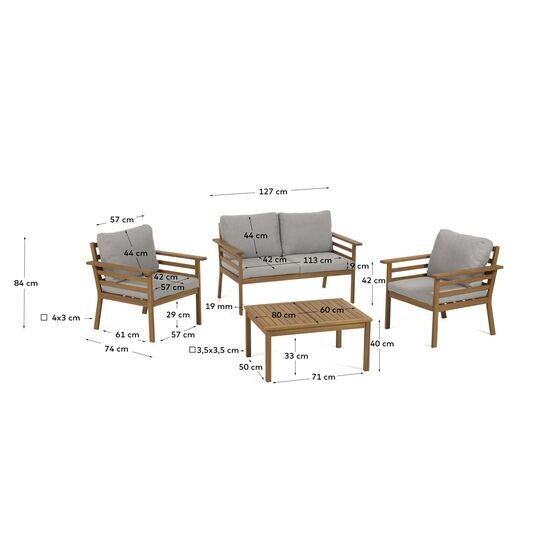 Set de exterior Vilma de sofá, 2 sillones y mesa de centro madera maciza acacia FSC 100%