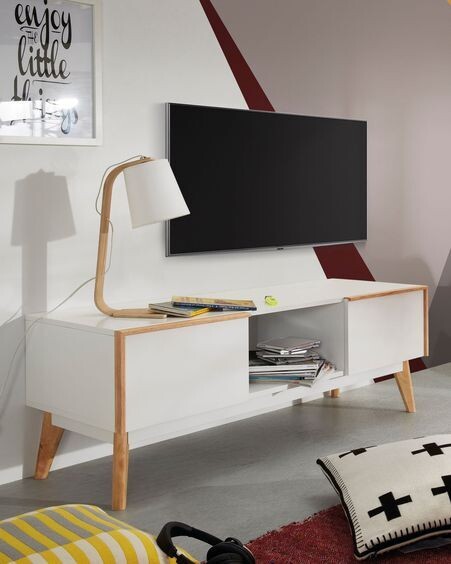 Mueble TV Melan lacado blanco y madera maciza de caucho 150 x 45 cm