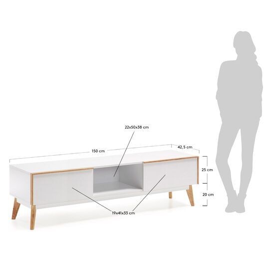 Mueble TV Melan lacado blanco y madera maciza de caucho 150 x 45 cm