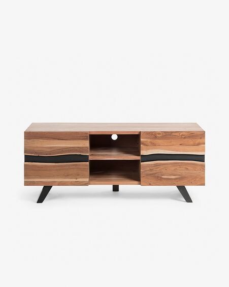 Mueble TV Uxia de madera maciza de acacia y acero acabado negro 160 x 65 cm