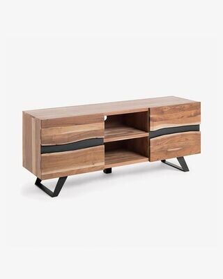 Mueble TV Uxia de madera maciza de acacia y acero acabado negro 160 x 65 cm