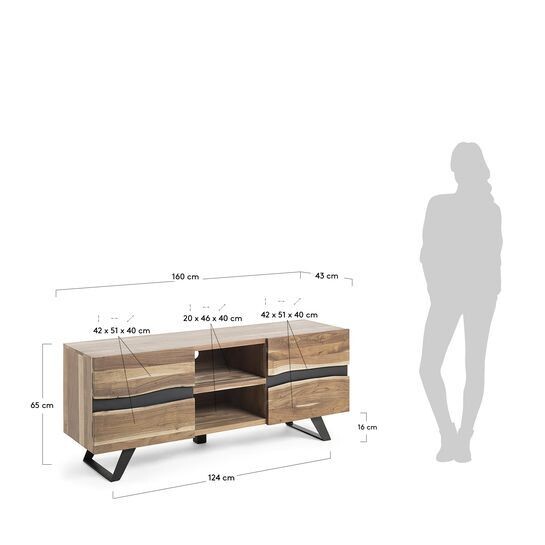 Mueble TV Uxia de madera maciza de acacia y acero acabado negro 160 x 65 cm