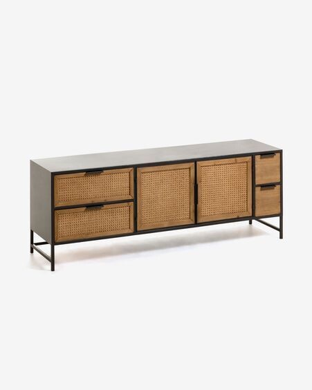 Mueble TV Kyoko de madera maciza de abeto, mimbre y acero acabado negro 150 x 55 cm