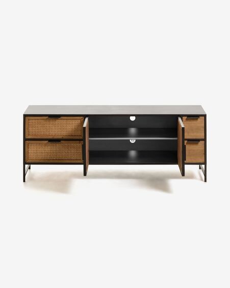 Mueble TV Kyoko de madera maciza de abeto, mimbre y acero acabado negro 150 x 55 cm