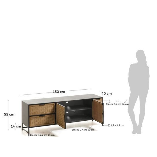 Mueble TV Kyoko de madera maciza de abeto, mimbre y acero acabado negro 150 x 55 cm