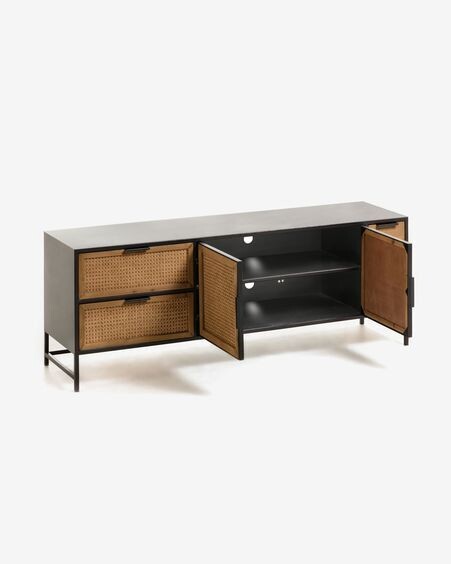 Mueble TV Kyoko de madera maciza de abeto, mimbre y acero acabado negro 150 x 55 cm