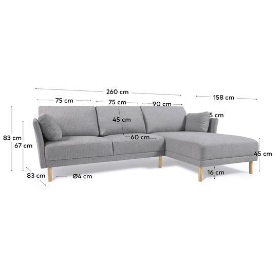 Sofá Gilma 3 plazas con chaise longue derecho/izquierdo gris claro y patas natural 260 cm
