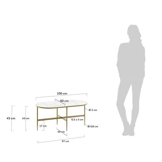 Mesa de centro Elisenda cristal blanco y estructura de acero acabado dorado 100 x 50 cm