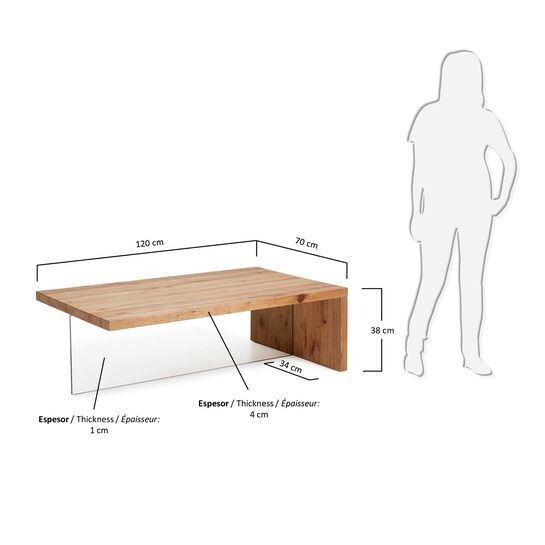 Mesa de centro Tulsi madera maciza de roble y cristal 120 x 70 cm