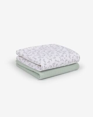 Set Yamile de 2 mini toallas 100% algodón orgánico (GOTS) turquesa y blanco con hojas gris