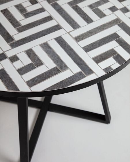 Mesa redonda Tella cerámico blanco y negro patas acero acabado negro Ø 90 cm