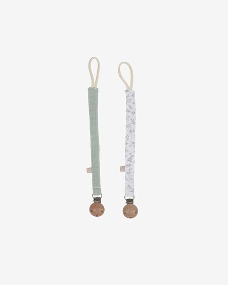 Set Yamile de 2 chupeteros 100% algodón orgánico (GOTS) turquesa y blanco con hojas gris