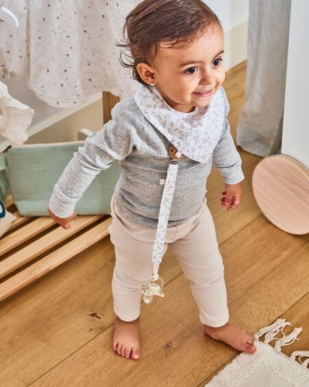 Set Yamile de 2 chupeteros 100% algodón orgánico (GOTS) turquesa y blanco con hojas gris