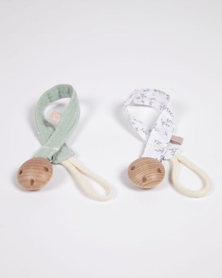 Set Yamile de 2 chupeteros 100% algodón orgánico (GOTS) turquesa y blanco con hojas gris