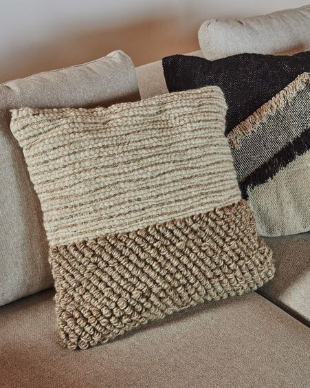 Funda cojín Maday de lana y algodón beige 45 x 45 cm