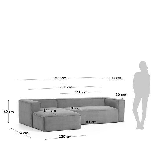 Sofá Blok 3 plazas chaise longue izquierdo pana gruesa gris 300 cm