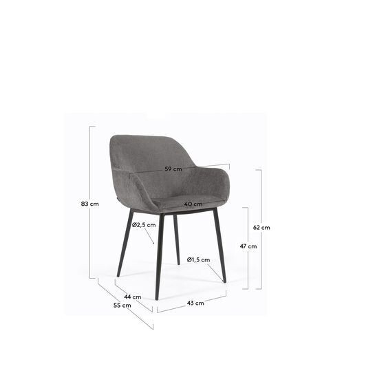 Silla Konna de chenilla gris oscuro y patas de acero acabado pintado negro