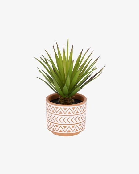 Planta artificial Palmera pequeña con maceta de cerámica marrón y blanco 13 cm