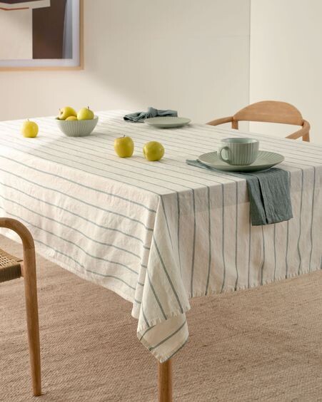 Mantel Karenina de algodón y lino blanco y rayas verde 150 x 250 cm