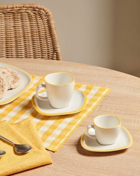 Taza de café con plato Odalin porcelana blanco y amarillo