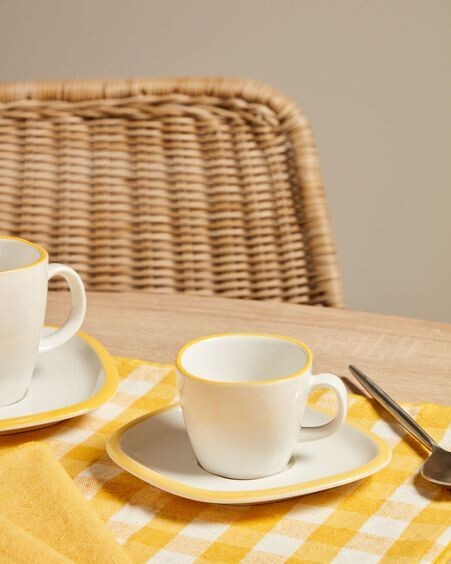 Taza de café con plato Odalin porcelana blanco y amarillo
