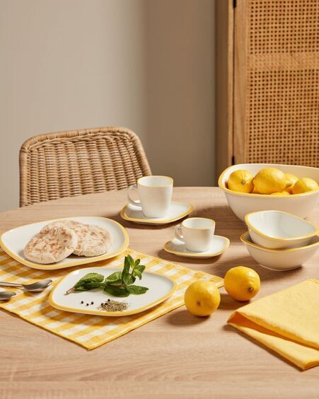 Taza de café con plato Odalin porcelana blanco y amarillo