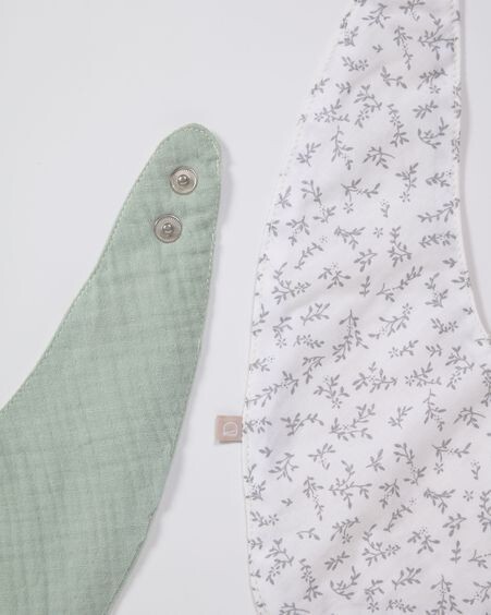 Set Yamile de 2 bandanas 100% algodón orgánico (GOTS) turquesa y blanco con hojas gris