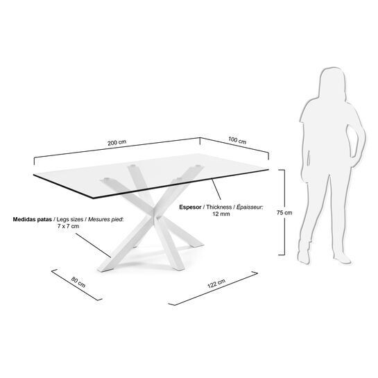 Mesa Argo de cristal y patas de acero acabado blanco 200 x 100 cm