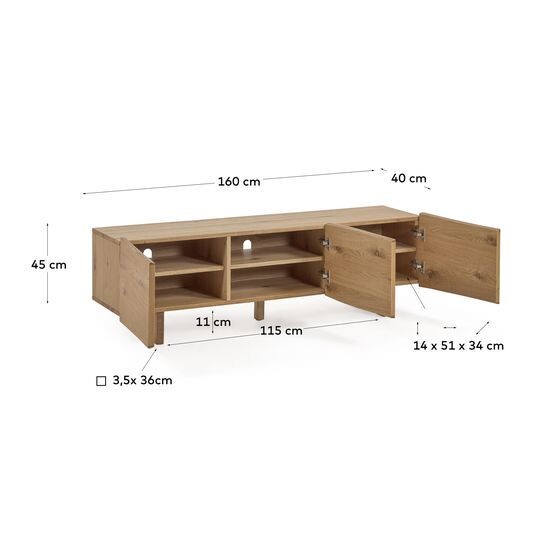 Mueble TV Rasha 3 puertas de chapa de roble acabado natural 160 x 45 cm