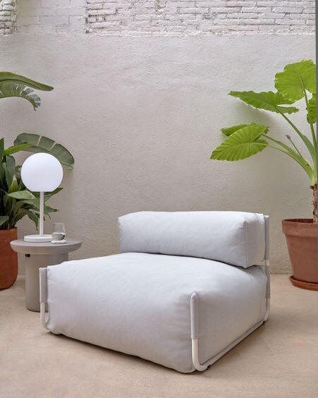 Puf sofá modular con respaldo 100% exterior Square gris claro y aluminio blanco 101x101 cm
