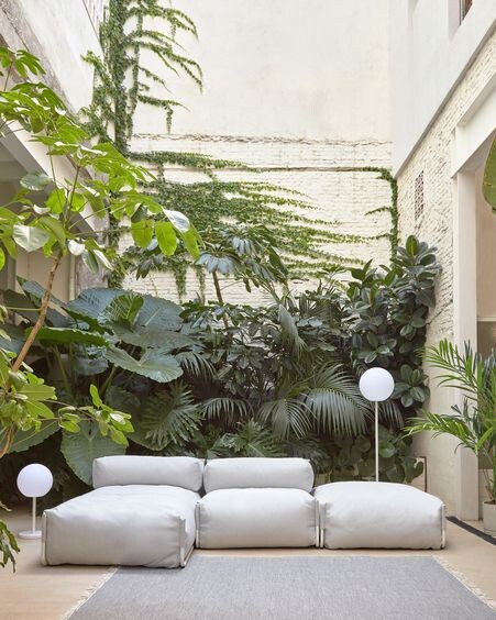 Puf sofá modular con respaldo 100% exterior Square gris claro y aluminio blanco 101x101 cm