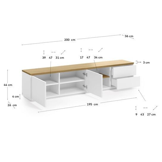 Mueble TV Abilen de chapa roble y lacado blanco 200 x 44 cm FSC 100%