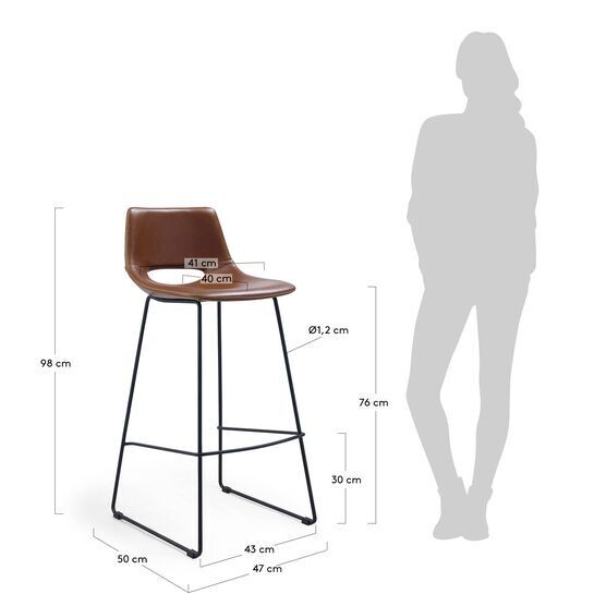 Taburete Zahara piel sintética marrón y acero con acabado negro altura 76 cm
