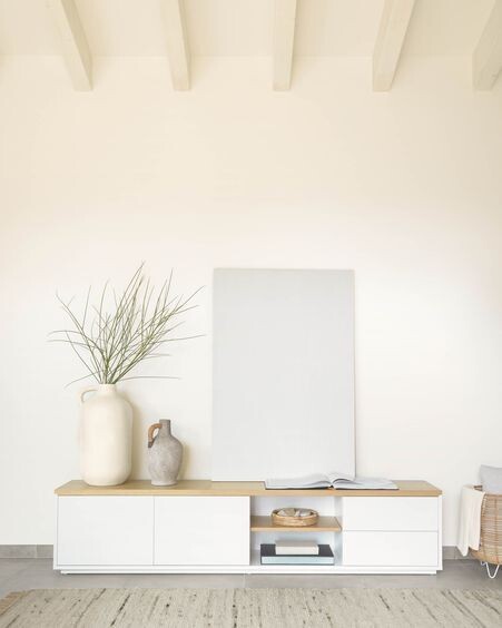 Mueble TV Abilen de chapa roble y lacado blanco 200 x 44 cm FSC 100%