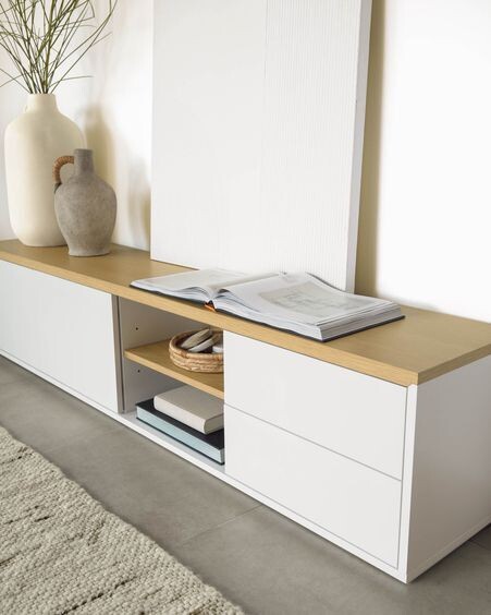 Mueble TV Abilen de chapa roble y lacado blanco 200 x 44 cm FSC 100%