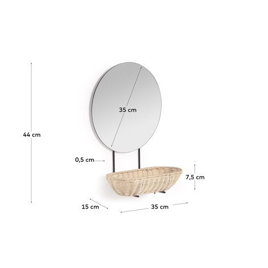 Espejo de pared pequeño Ebian con estante de ratán con acabado natural 35 x 16 cm